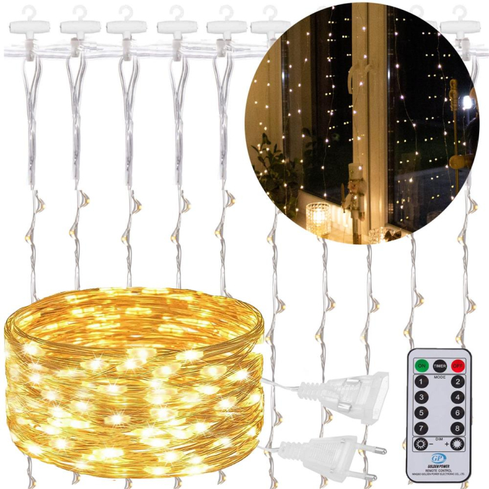 Ghirlanda luminoasa tip perdea 300 LED-uri, 3x3m, pentru interior, cu telecomanda, alb cald (galben) [27]