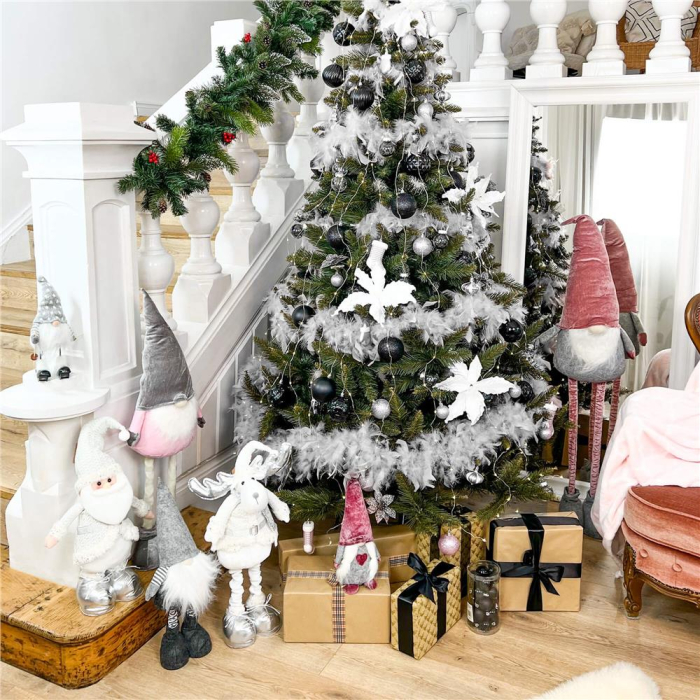 Ghirlanda pentru decor sau bradul de Craciun, model puf si pene, gri, 180cm [8]