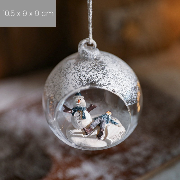 Glob pentru Bradul de Craciun, , Model Om de Zapada si Omulet, Tip Pandativ, Glob Transparent Semi-Deschis, 10.5 x 9 x 9 cm, Transparent [2]