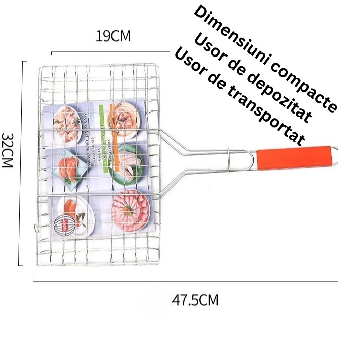 Gratar pentru Peste si Carne, , Suprafata Utila 32x19 cm, Otel Inoxidabil, cu Maner, Portabil, Argintiu [7]