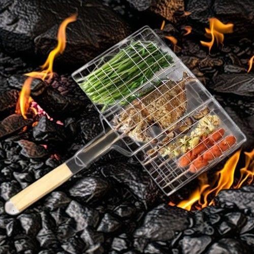 Gratar pentru Peste si Carne, , Suprafata Utila 32x19 cm, Otel Inoxidabil, cu Maner, Portabil, Argintiu [5]