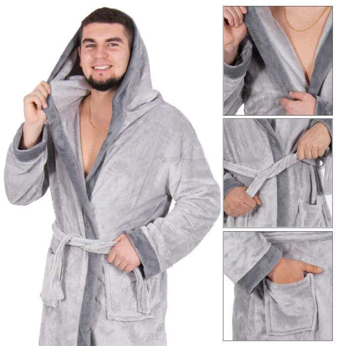 Halat de baie pentru barbati pana la genunchi, gluga mare, marimea M/L, gri [16]
