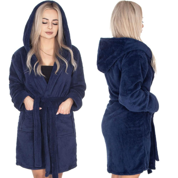 Halat de baie pentru femei pana la genunchi, cu gluga, marimea L/XL, albastru marin [18]