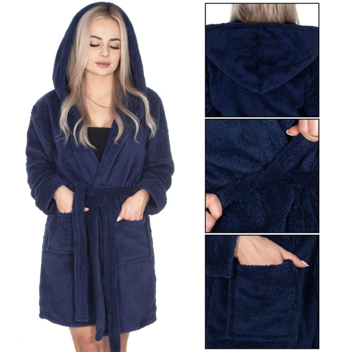 Halat de baie pentru femei pana la genunchi, cu gluga, marimea L/XL, albastru marin [12]