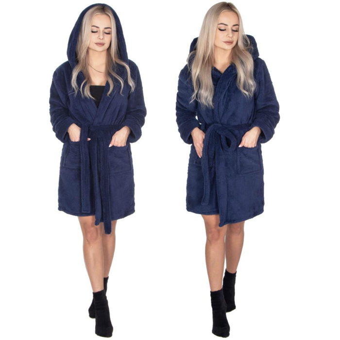 Halat de baie pentru femei pana la genunchi, cu gluga, marimea L/XL, albastru marin [14]