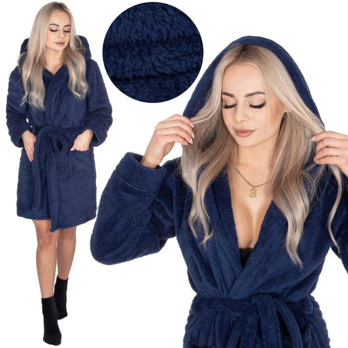 Halat de baie pentru femei pana la genunchi, cu gluga, marimea L/XL, albastru marin [16]
