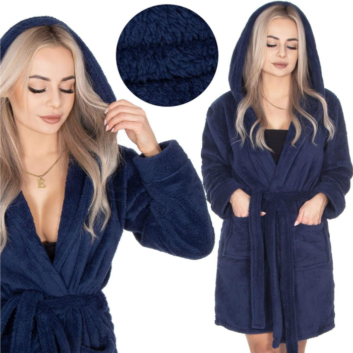 Halat de baie pentru femei pana la genunchi, cu gluga, marimea L/XL, albastru marin [17]