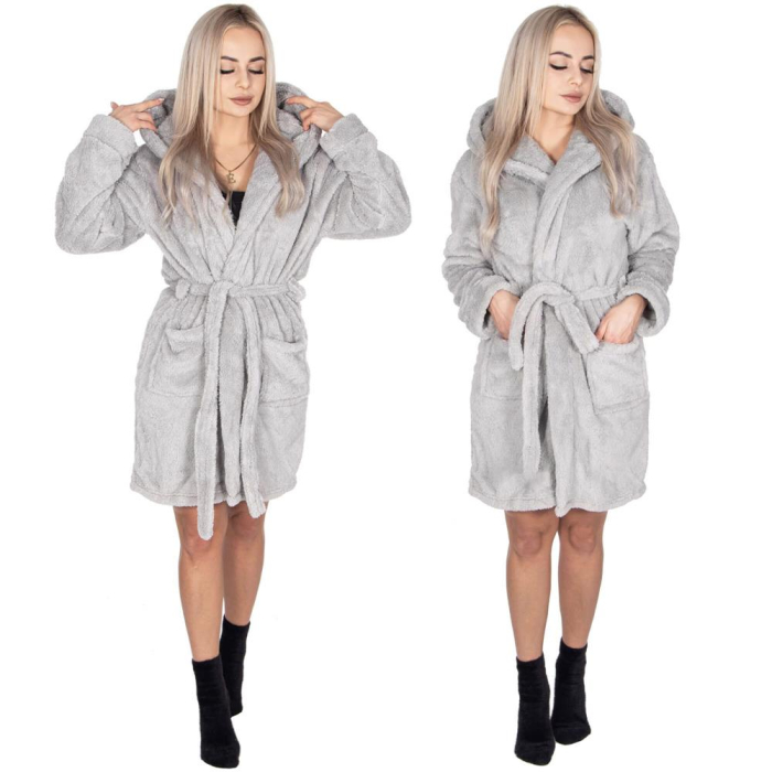 Halat de baie pentru femei pana la genunchi, cu gluga, marimea S/M, gri [14]