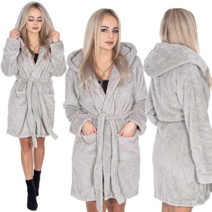 Halat de baie pentru femei pana la genunchi, cu gluga, marimea S/M, gri [16]