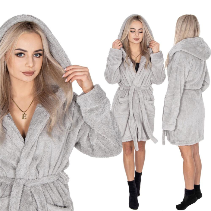 Halat de baie pentru femei pana la genunchi, cu gluga, marimea S/M, gri [18]