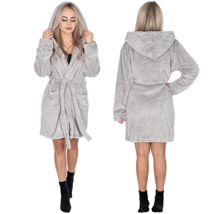 Halat de baie pentru femei pana la genunchi, cu gluga, marimea S/M, gri [12]