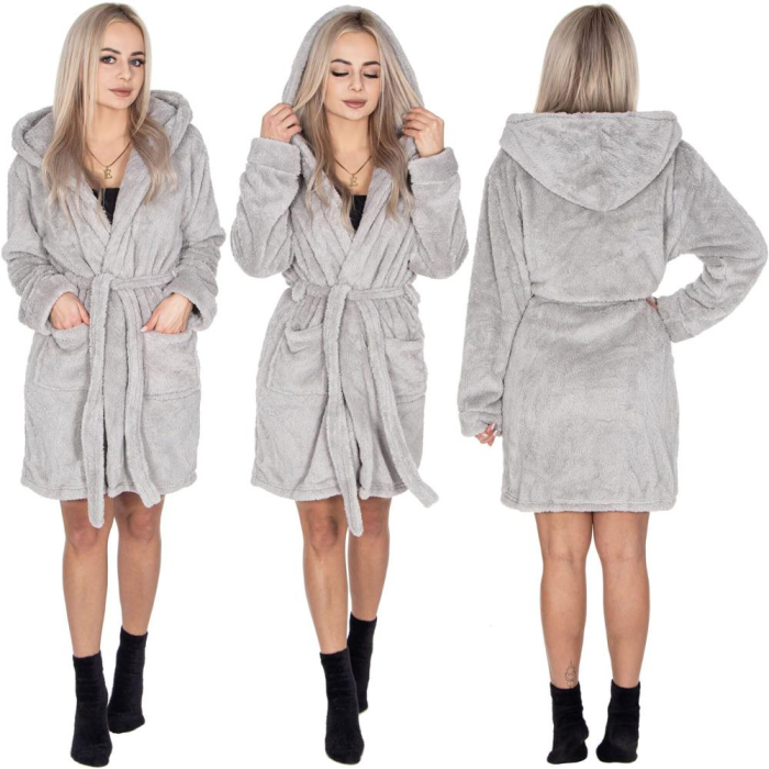 Halat de baie pentru femei pana la genunchi, cu gluga, marimea S/M, gri [15]