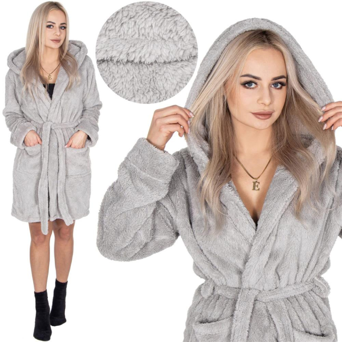 Halat de baie pentru femei pana la genunchi, cu gluga, marimea S/M, gri [17]