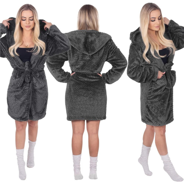 Halat de baie pentru femei pana la genunchi, cu gluga, marimea S/M, gri inchis [12]