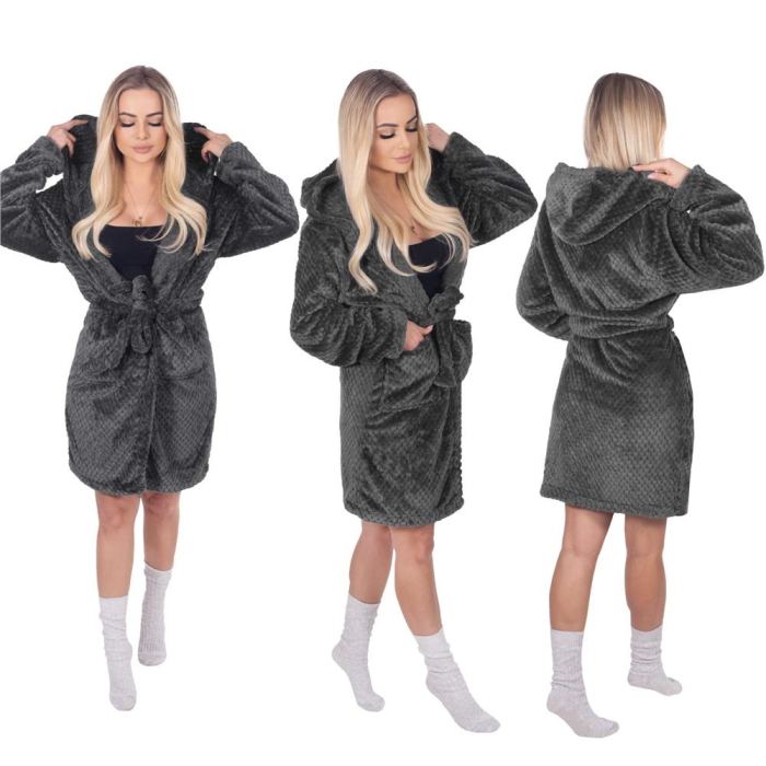 Halat de baie pentru femei pana la genunchi, cu gluga, marimea S/M, gri inchis [9]