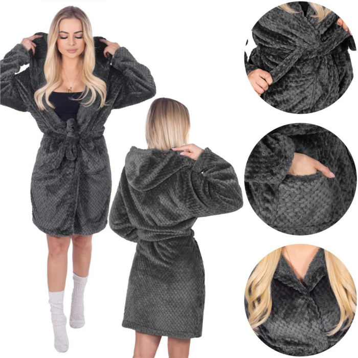 Halat de baie pentru femei pana la genunchi, cu gluga, marimea L/XL, gri inchis [9]