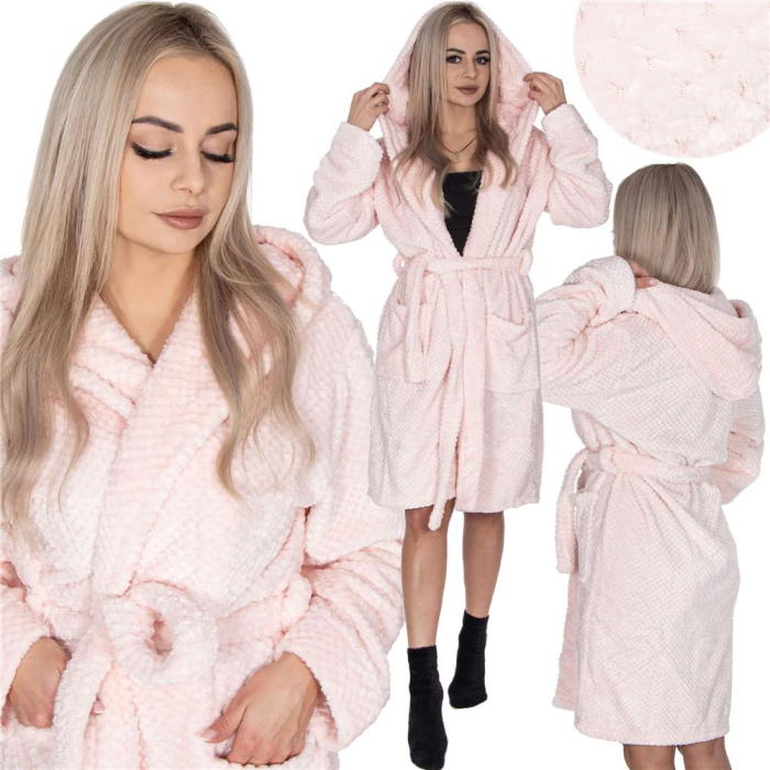 Halat de baie pentru femei pana la genunchi, cu gluga, marimea L/XL, roz [4]