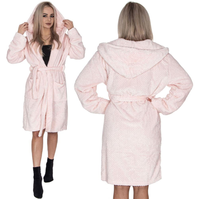 Halat de baie pentru femei pana la genunchi, cu gluga, marimea S/M, roz [2]