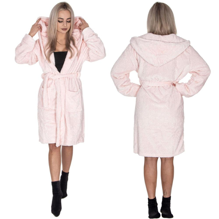 Halat de baie pentru femei pana la genunchi, cu gluga, marimea S/M, roz [10]