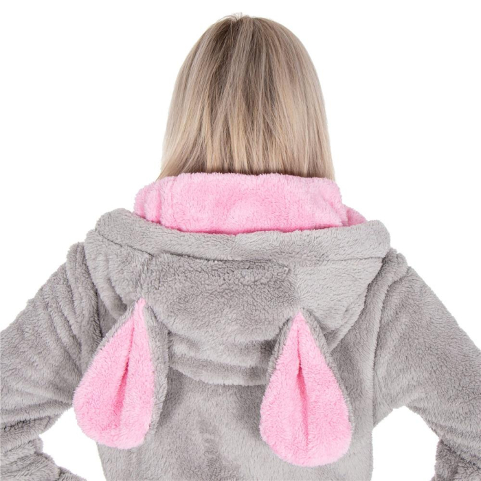 Halat de baie pentru femei pana la genunchi, gluga cu urechi , marimea S/M, gri si nuante de roz [4]