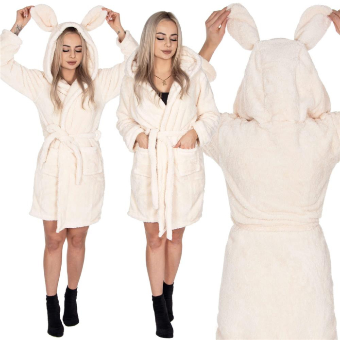 Halat de baie pentru femei pana la genunchi, gluga cu urechi , marimea S/M, bej [17]