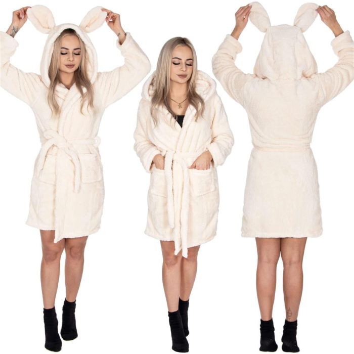 Halat de baie pentru femei pana la genunchi, gluga cu urechi , marimea S/M, bej [18]