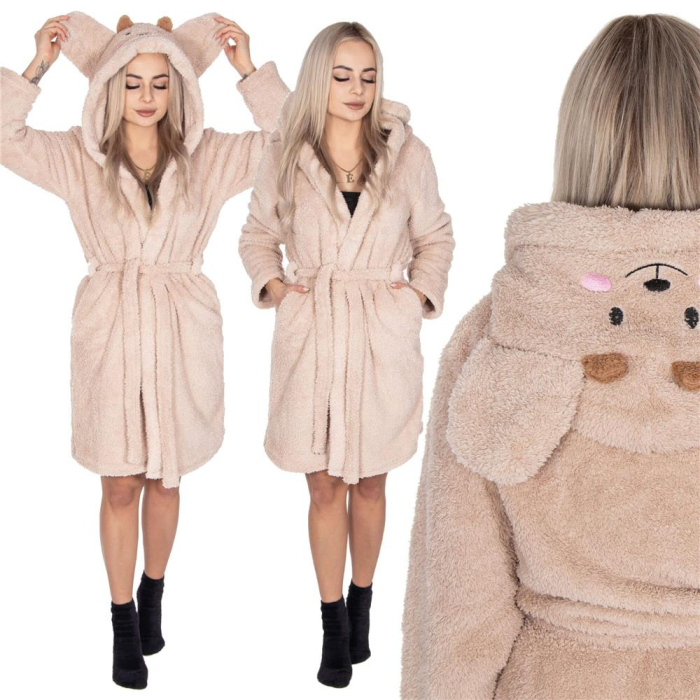 Halat de baie pentru femei pana la genunchi, gluga cu urechi , marimea S/M, bej [16]