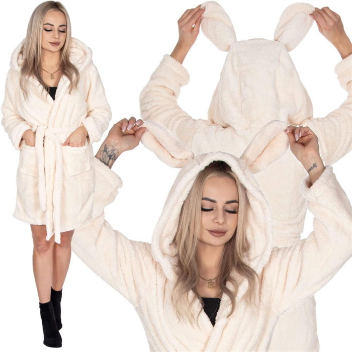 Halat de baie pentru femei pana la genunchi, gluga cu urechi , marimea S/M, bej [14]