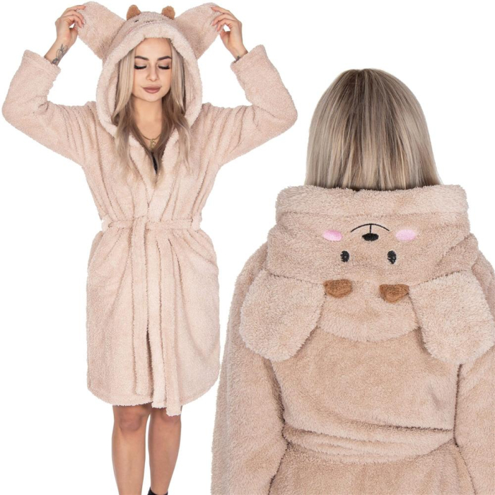 Halat de baie pentru femei pana la genunchi, gluga cu urechi , marimea S/M, bej [15]