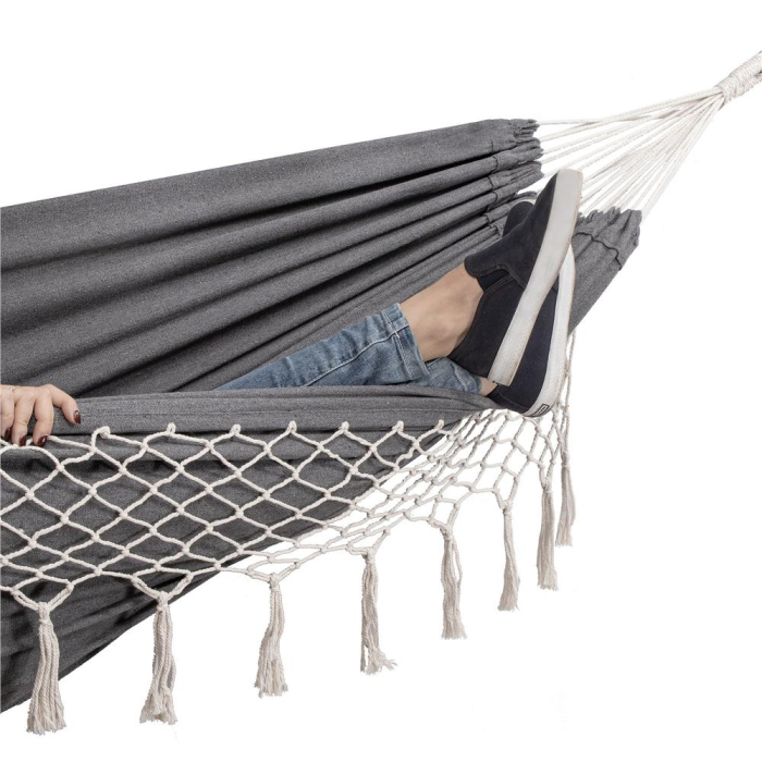 Hamac doua persoane cu franjuri si 2 perne, 200kg, 200×150 cm, gri inchis [18]