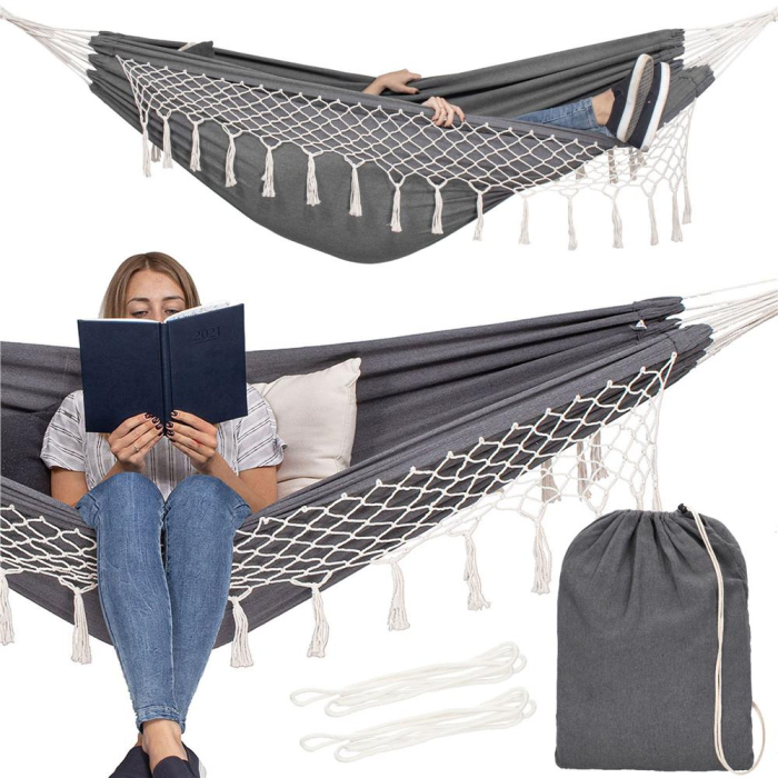 Hamac doua persoane cu franjuri si 2 perne, 200kg, 200×150 cm, gri inchis [5]