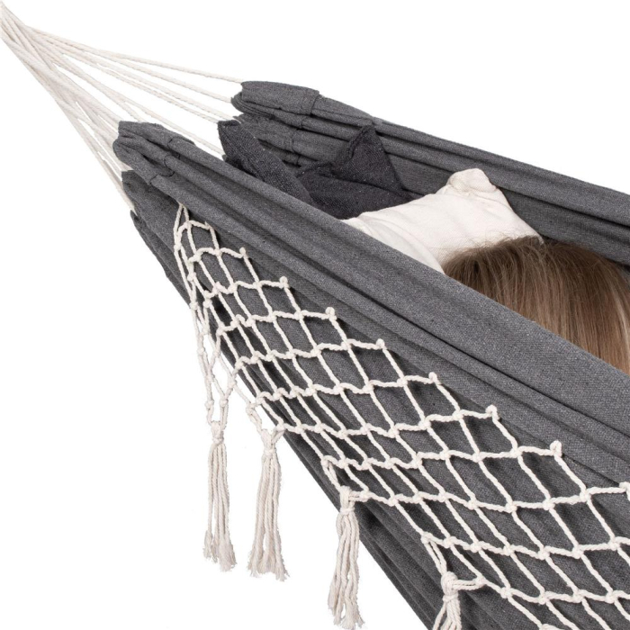 Hamac doua persoane cu franjuri si 2 perne, 200kg, 200×150 cm, gri inchis [15]