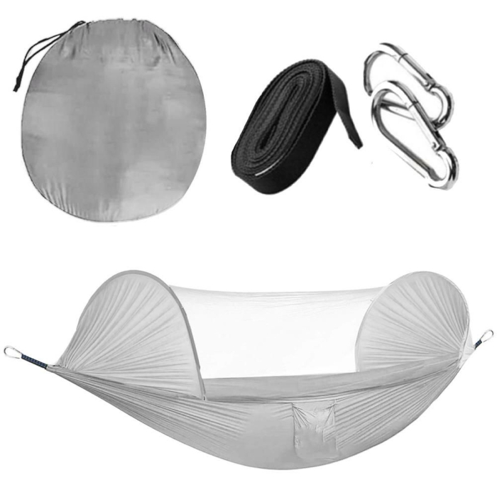 Hamac dublu din material parasuta 140x260cm, cu plasa de tantari si geanta transport, gri [9]