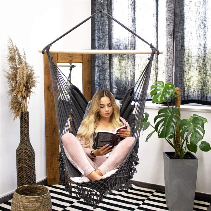 Hamac tip leagan suspendat pentru casa sau gradina, gri cu perne, 130x100cm, 150kg [11]