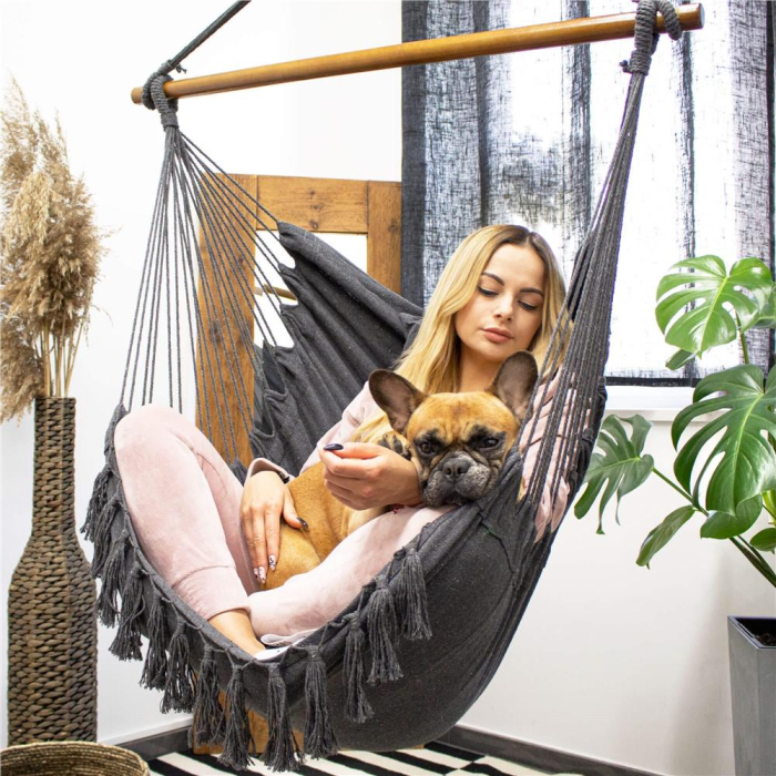 Hamac tip leagan suspendat pentru casa sau gradina HM45, gri inchis cu perne, 130x100cm, 150kg [6]