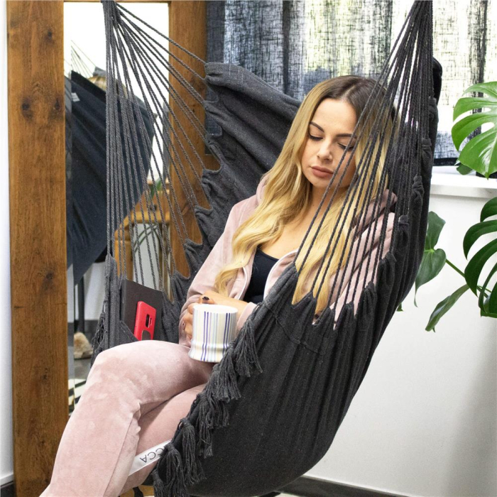 Hamac tip leagan suspendat pentru casa sau gradina HM45, gri inchis cu perne, 130x100cm, 150kg [4]