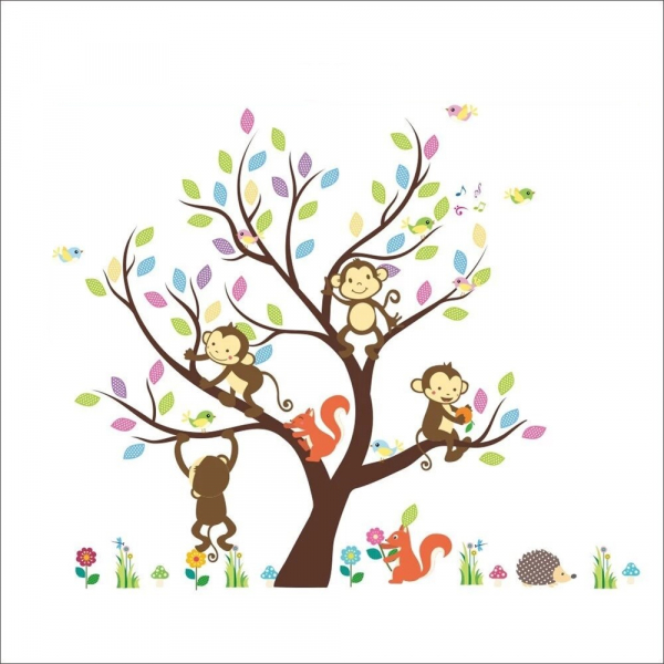Sticker Decorativ Autocolant Autoadeziv Copac cu Maimute, Veverite, Arici si Pasari pentru Camera Copilului [3]