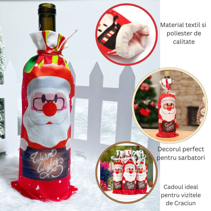 Husa Craciun pentru sticla de vin , tema Mos Craciun, material textil, 34 cm, multicolor [3]