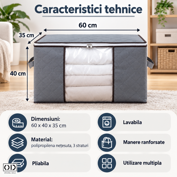 Husa Depozitare ORIGINAL DEALS Gri, 60 x 40 x 35 cm, Fermoar Dublu, Fereastra Transparenta si Manere [5]