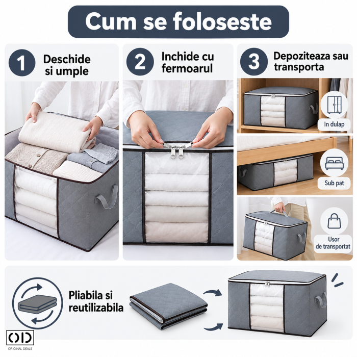 Husa Depozitare ORIGINAL DEALS Gri, 60 x 40 x 35 cm, Fermoar Dublu, Fereastra Transparenta si Manere [7]
