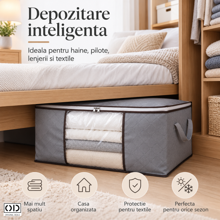 Husa Depozitare ORIGINAL DEALS Gri, 60 x 40 x 35 cm, Fermoar Dublu, Fereastra Transparenta si Manere [3]