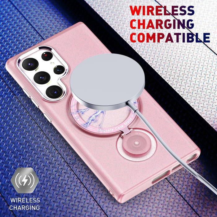 Husa de protectie , cu incarcare Wireless, Tehnologie Magsafe, TPU, Inel magnetic rotativ cu functie de suport, pentru Samsung Galaxy S23 , Rose Gold [3]