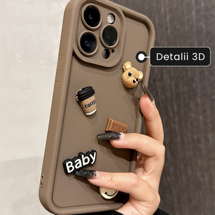 Husa de Protectie, , pentru Apple iPhone 14, Model Ursuleti 3D, Antisoc, Rezistenta la Impact, Protectie Camera, Maro [6]