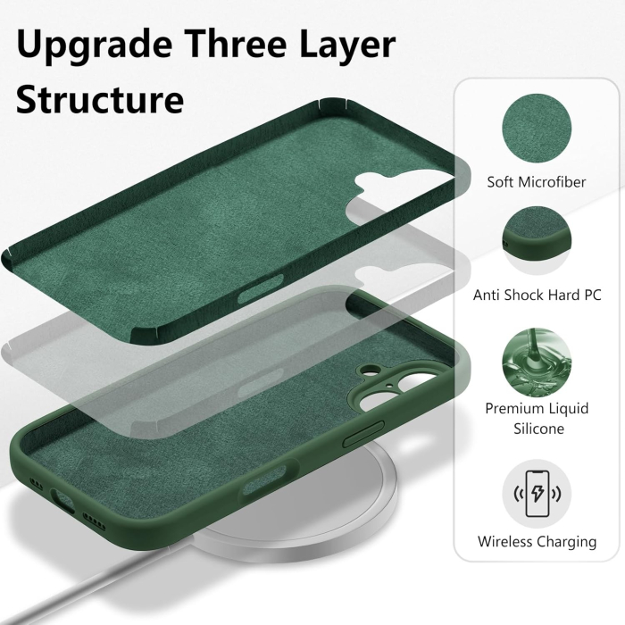 Husa de Protectie, , pentru iPhone 16, Liquid Silicone, cu Microfibra pe Interior, Protectie Antisoc, Compatibil Incarcare Wireless, Verde [5]