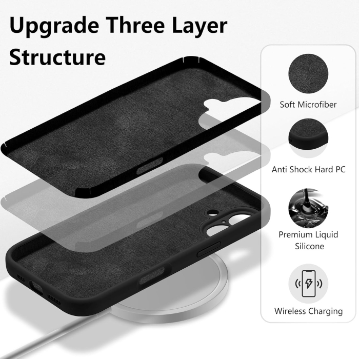 Husa de Protectie, , pentru iPhone 16 Plus, Liquid Silicone, cu Microfibra pe Interior, Protectie Antisoc, Compatibil Incarcare Wireless, Negru [5]