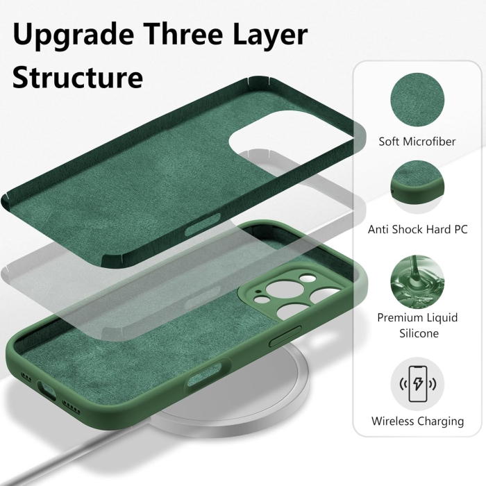 Husa de Protectie, , pentru iPhone 16 Pro, Liquid Silicone, cu Microfibra pe Interior, Protectie Antisoc, Compatibil Incarcare Wireless, Verde [5]
