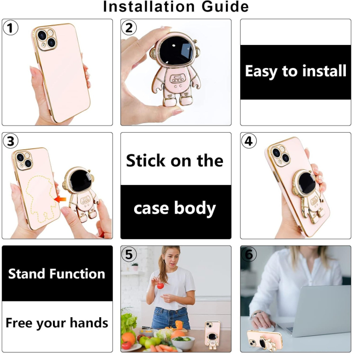 Husa de Protectie TPU 2in1, , pentru Apple iPhone 15, Astronaut cu Suport, Antisoc, Rezistenta la Impact, Protectie Camera, Roz [10]