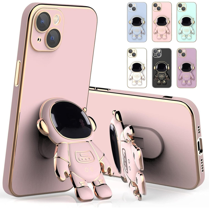 Husa de Protectie TPU 2in1, , pentru Apple iPhone 15, Astronaut cu Suport, Antisoc, Rezistenta la Impact, Protectie Camera, Roz [4]