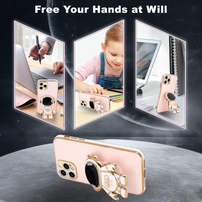 Husa de Protectie TPU 2in1, , pentru Apple iPhone 15 Pro, Astronaut cu Suport, Antisoc, Rezistenta la Impact, Protectie Camera, Roz [3]