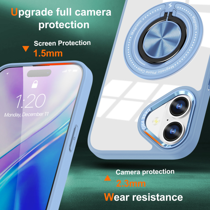 Husa de Protectie TPU, , pentru iPhone 16, Anticadere, cu Incarcare Wireless, Tehnologie Magsafe, Inel Magnetic Rotativ cu Functie de Suport, Transparent-Albastru Deschis [2]